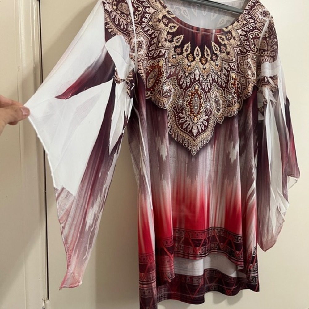 Women Paisley Tunic Top M Rhinestone Angel Sleeve Ombre Western Boho Stretch USA